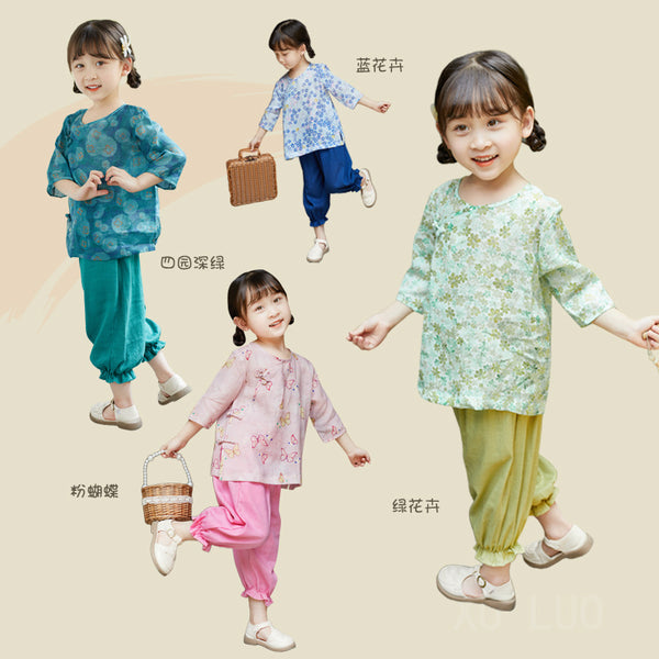 Girl's Hanfu Linen Cotton Chinese Style Two-Piece Tang Suit Girls' Cheongsam