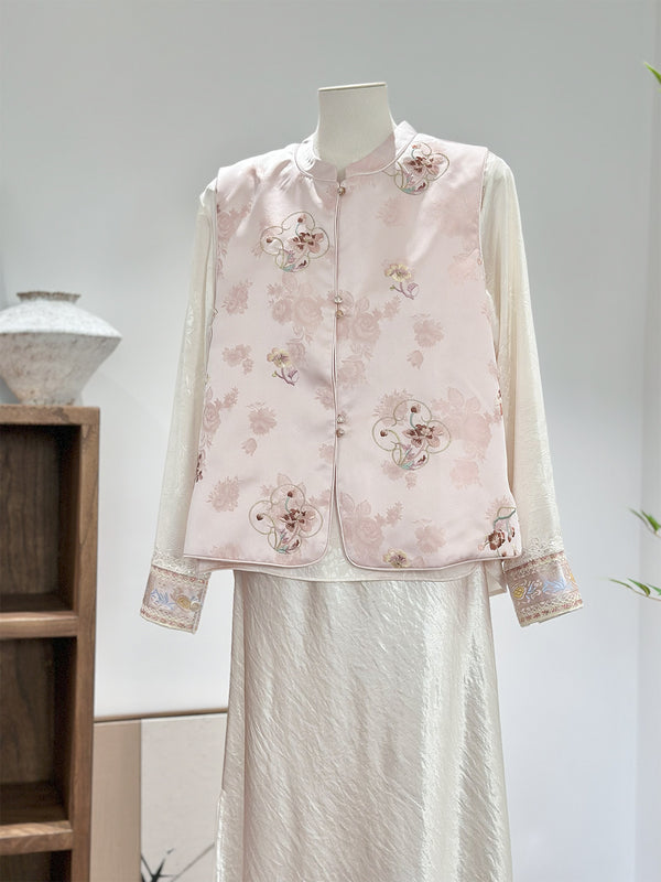 Pink Embroidered Jacquard Waistcoat Sleveless Tank Top