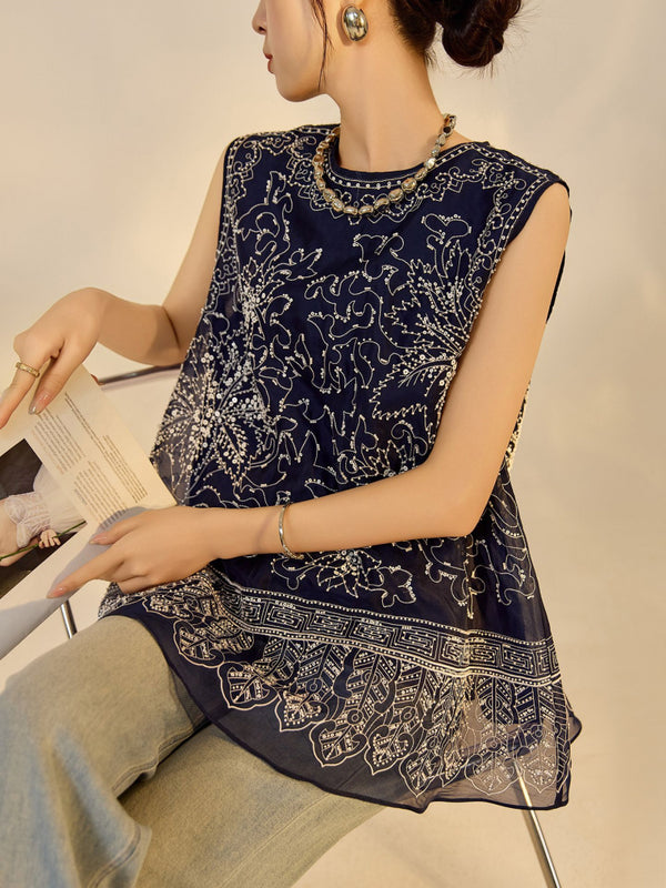 Beading Mulberry Silk Round Neck Vest