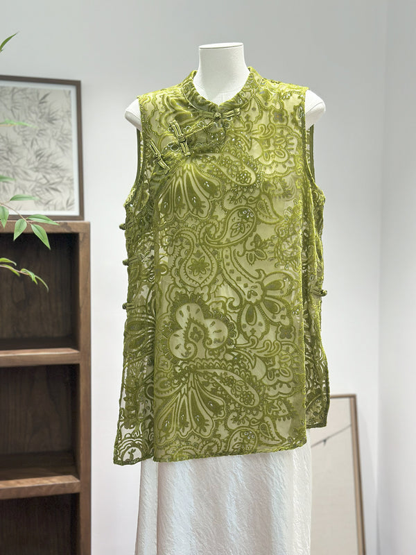 Green Velvet New Chinese Style Sleeveless Dress Tank Top Ao Dai